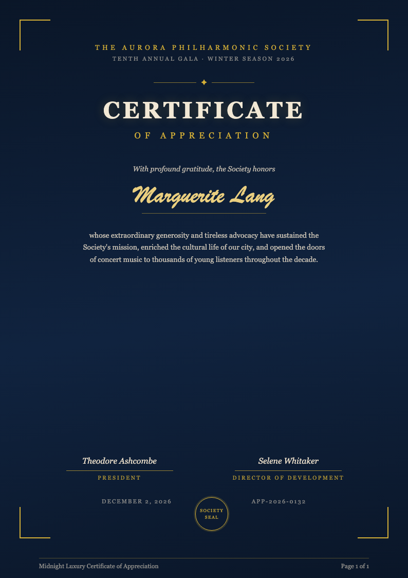 Midnight luxury certificate